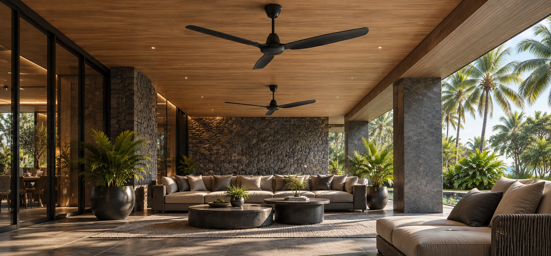 Illustrative hospitality lounge with ceiling fans