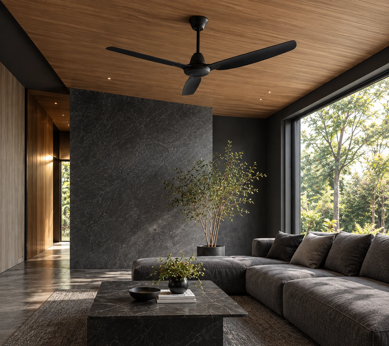 Illustrative residential living room with ceiling fan