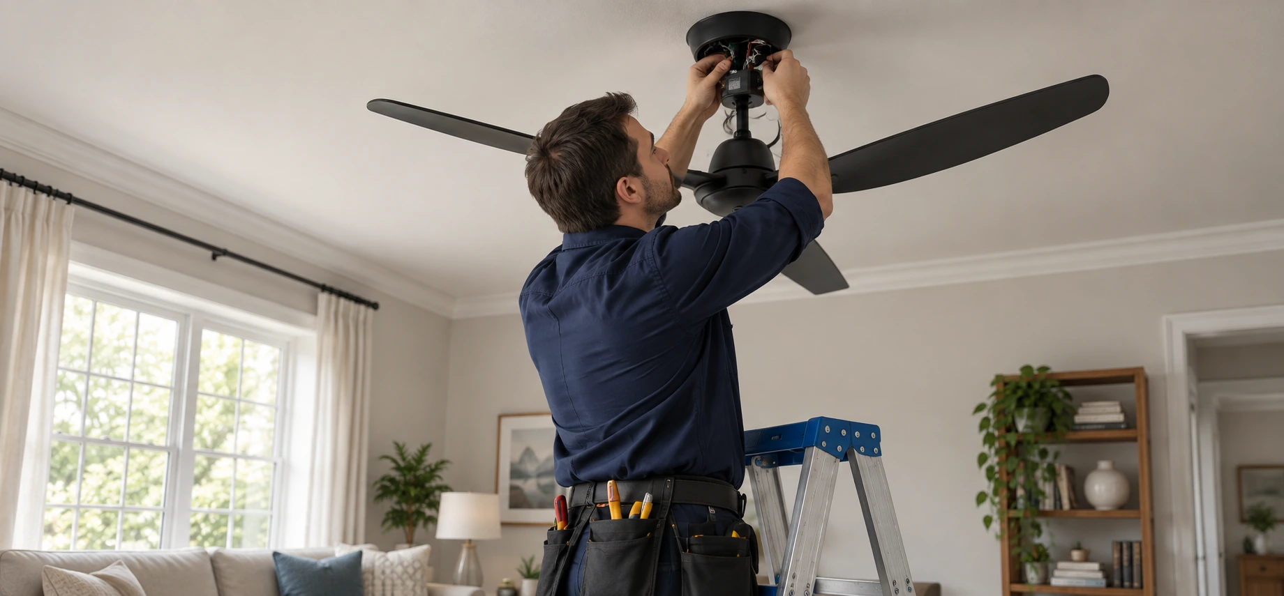 Illustrative technician servicing a ceiling fan receiver