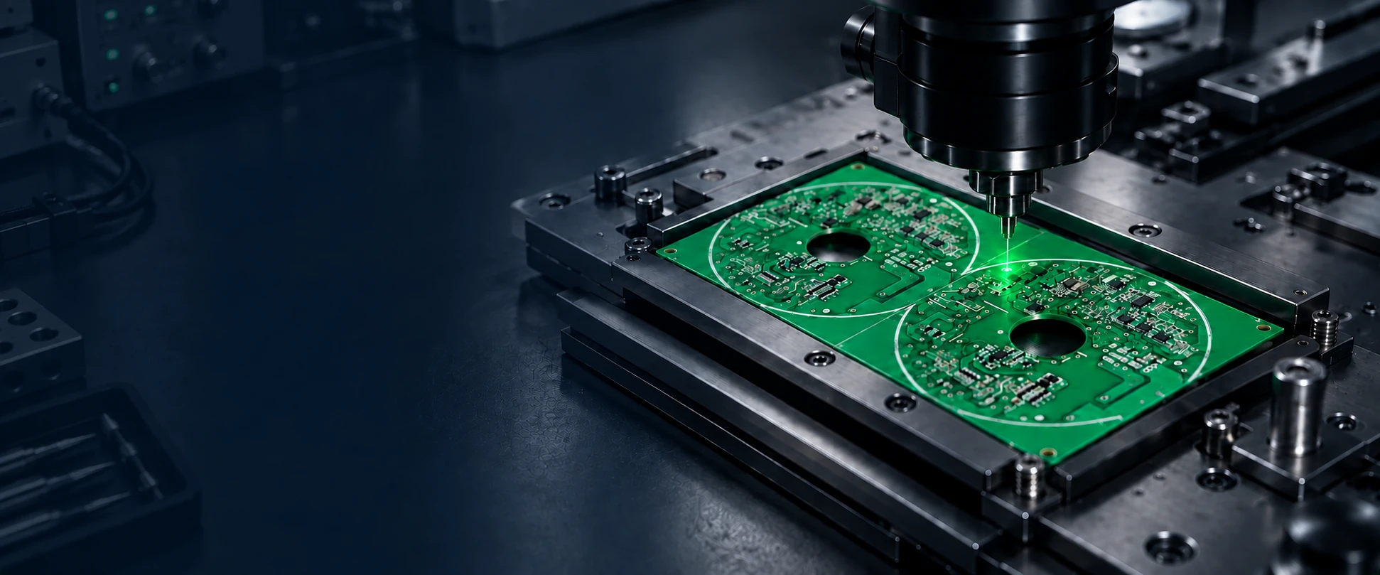 Illustrative controller PCB inspection scene with a subdued navy workbench