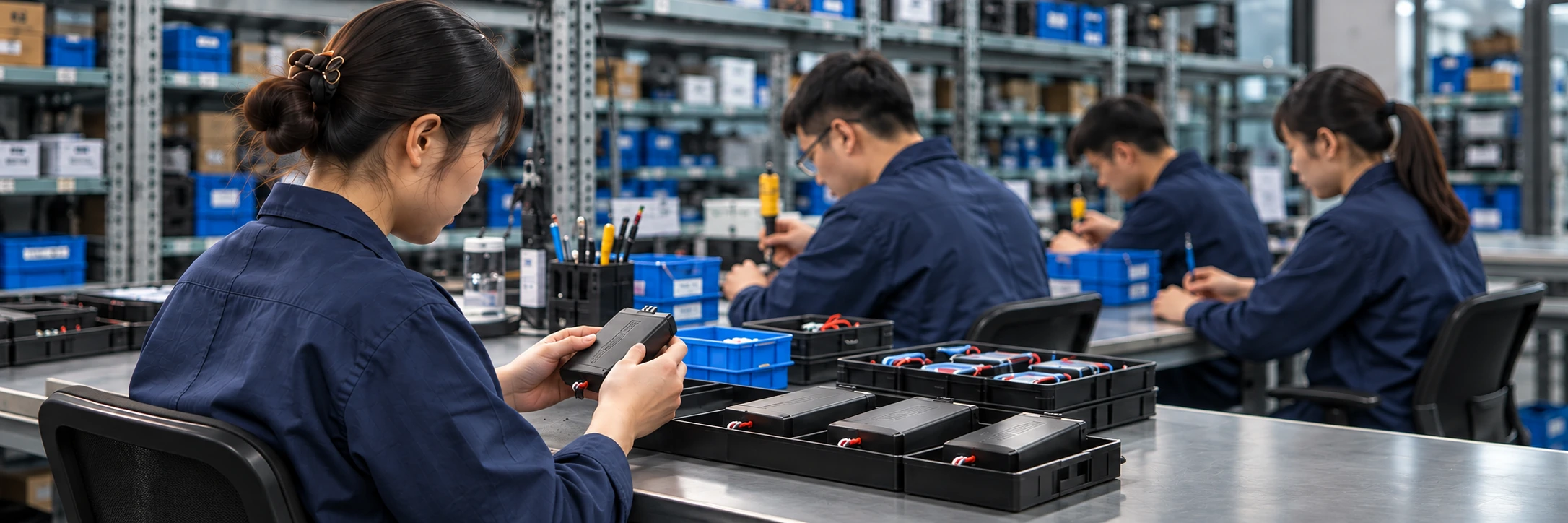 Illustrative factory team handling ceiling fan controllers