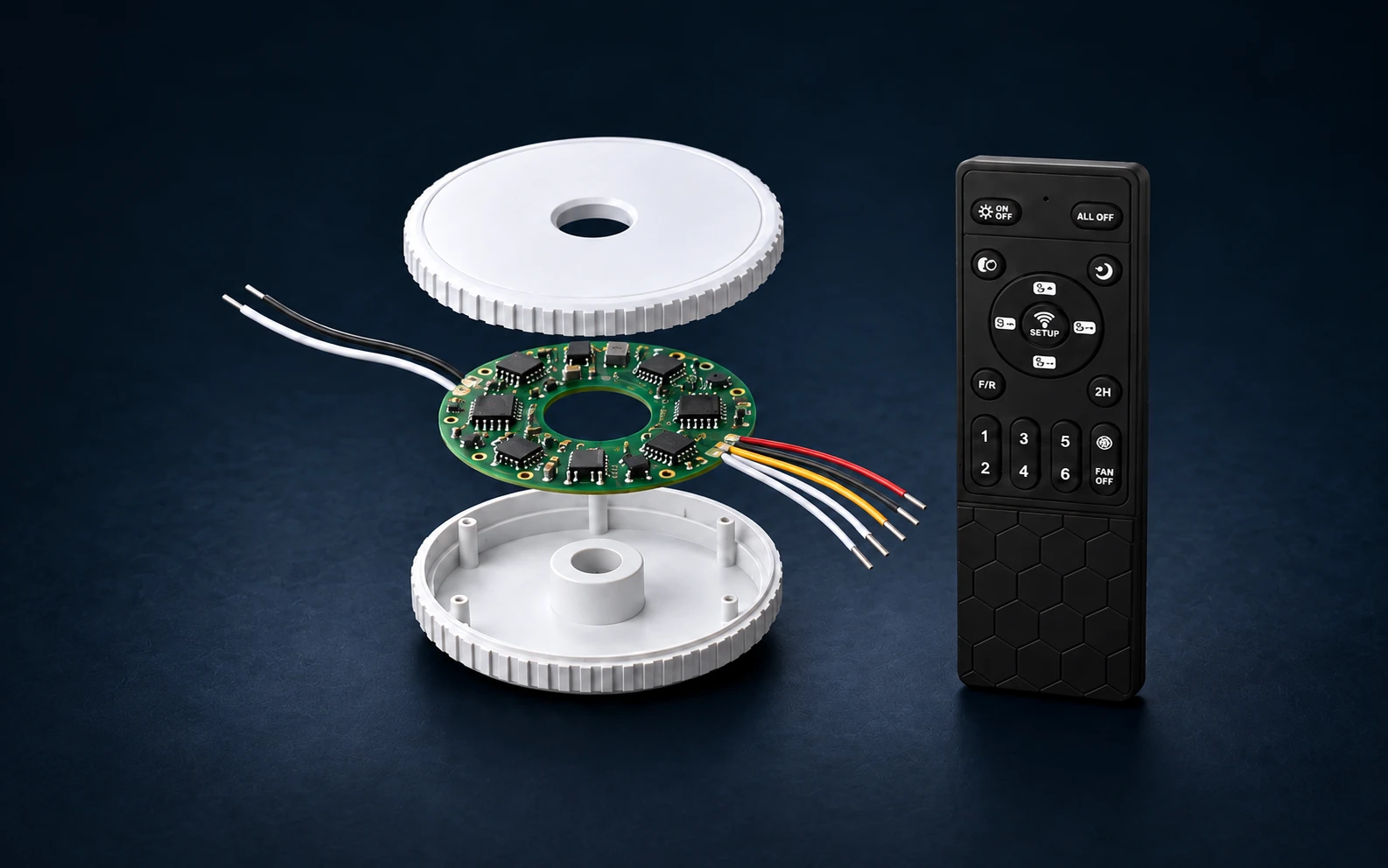 Conceptual exploded round receiver and remote; internal structure is illustrative
