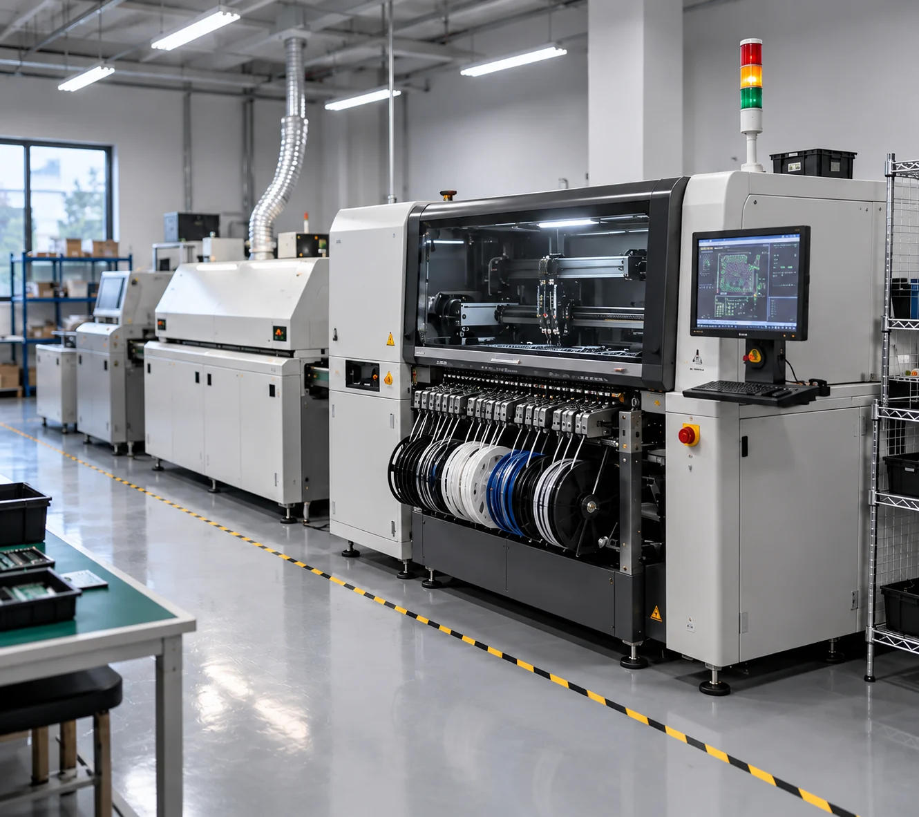 Illustrative single SMT production line with component feeders in an electronics workshop