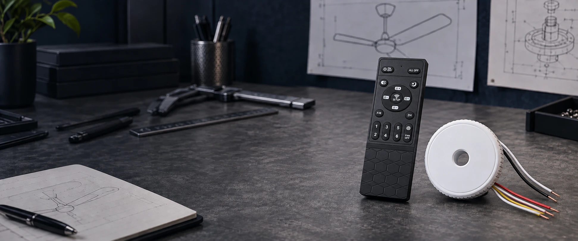 DC03-BK DC remote and round receiver in an illustrative navy workbench scene