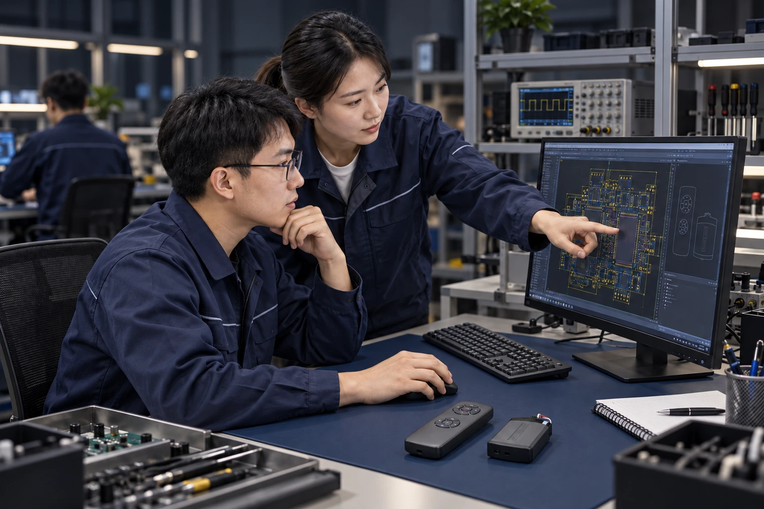 Illustrative engineering team reviewing a circuit design