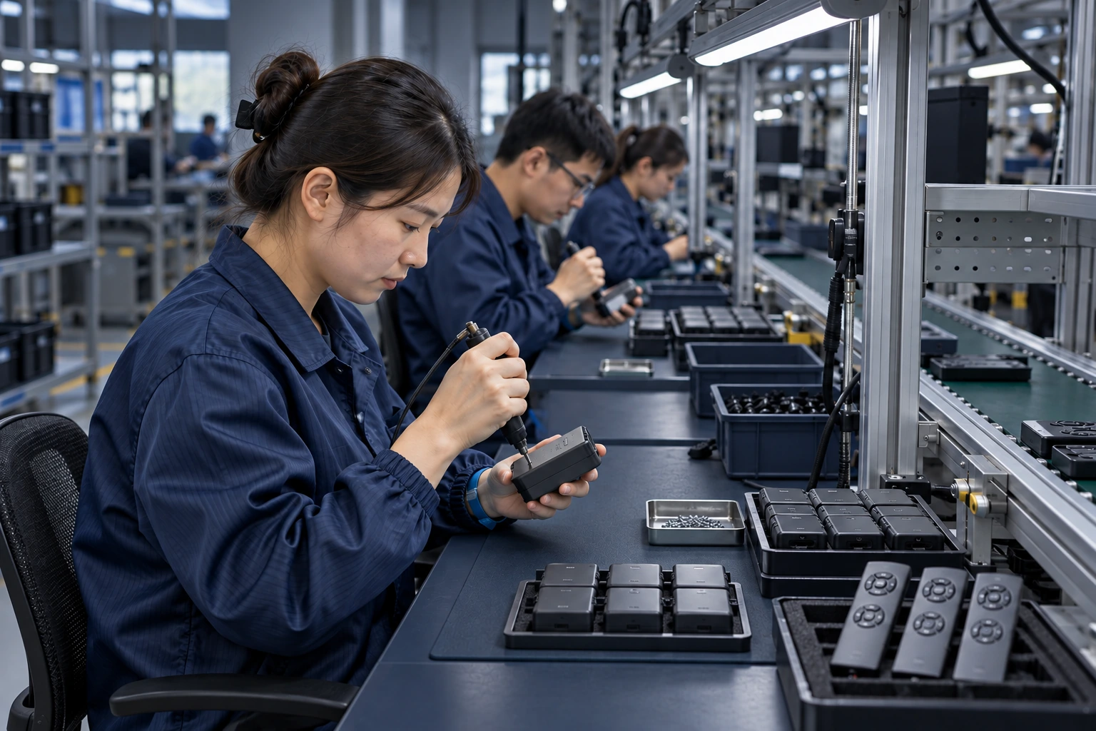Illustrative electronics assembly line with successive workstations