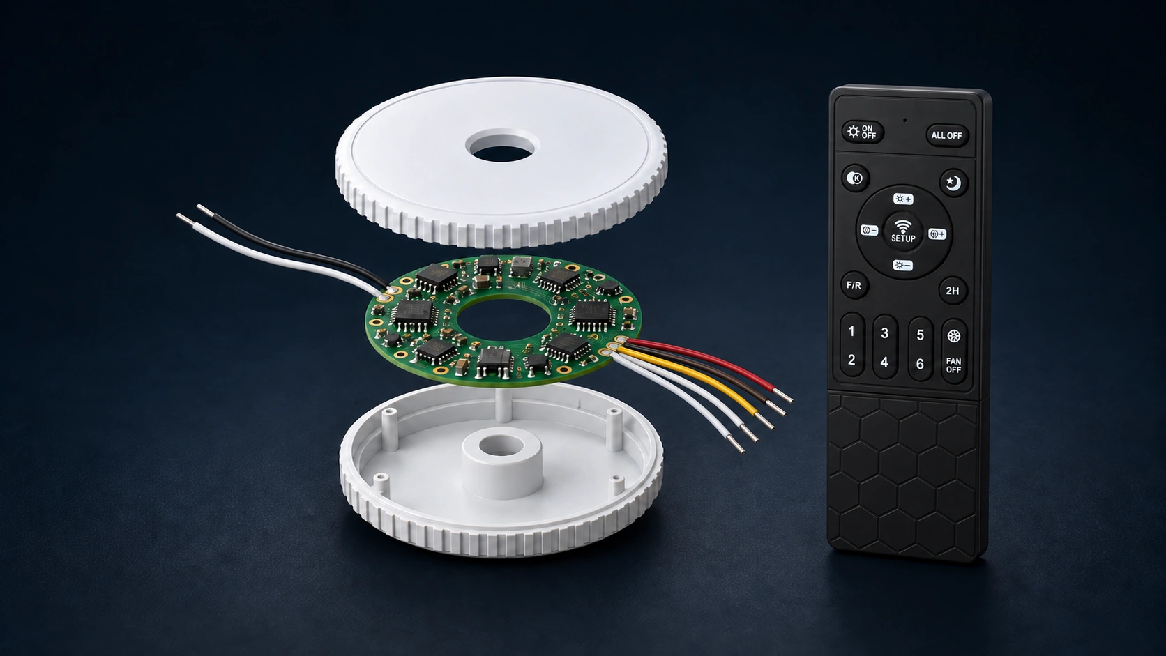 Conceptual assembly illustration of a round receiver cover, circuit board and base beside a DC03 remote; internal structure requires confirmation