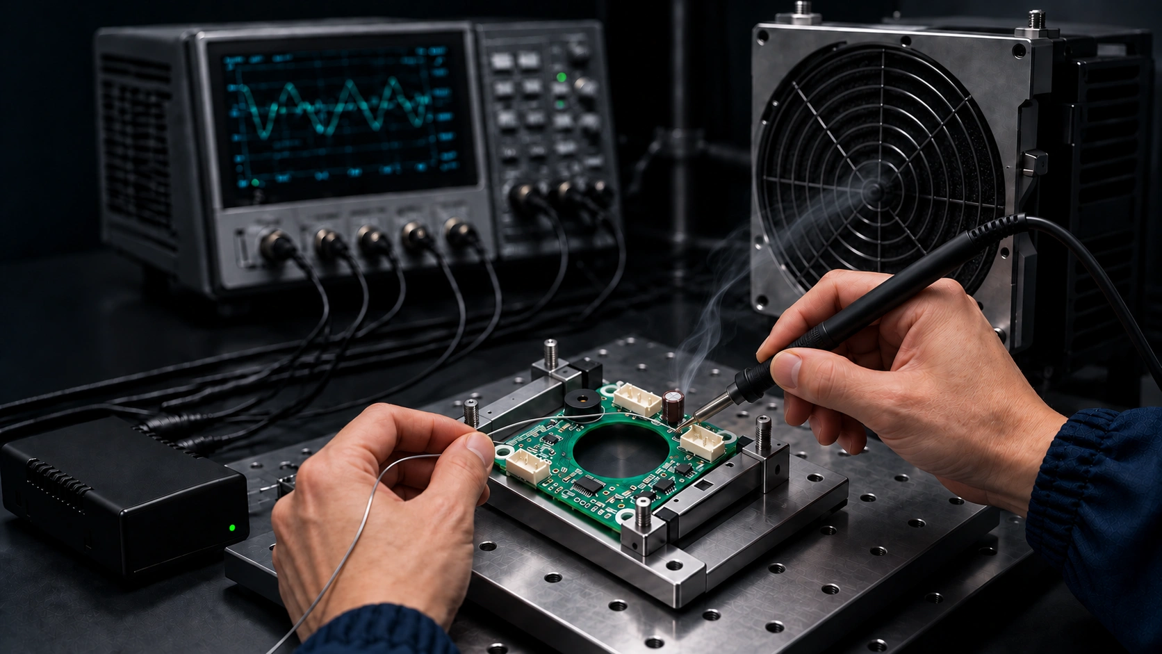 Illustrative technician soldering a square controller PCB while a fume extractor draws smoke away