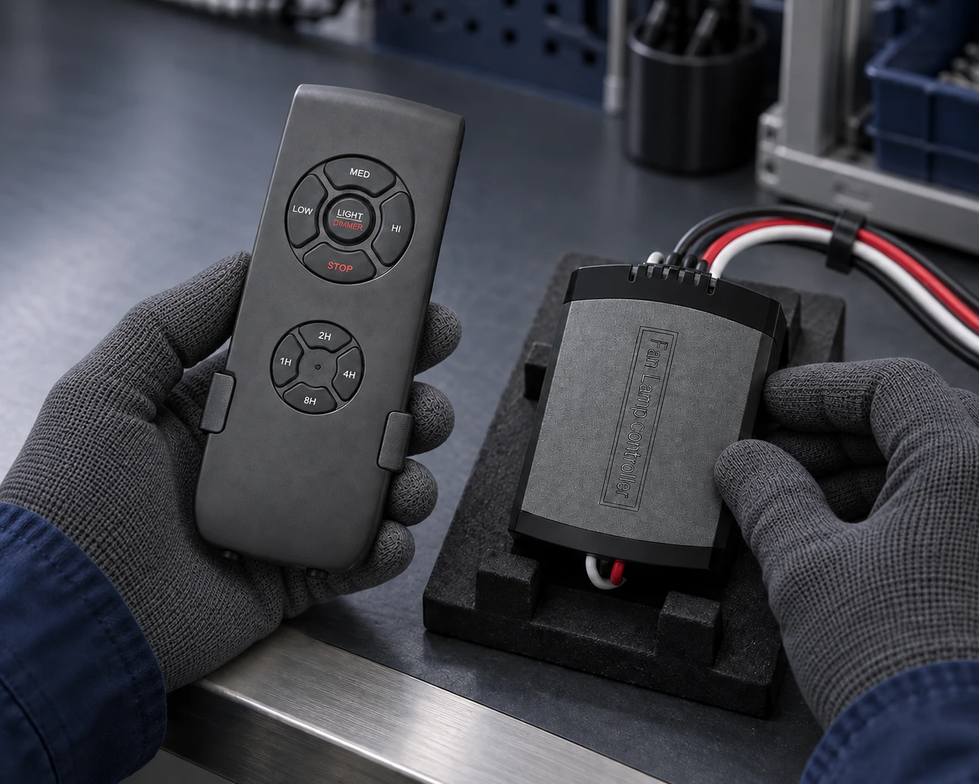 Illustrative gloved inspector checking the exterior of a JF028 remote and receiver