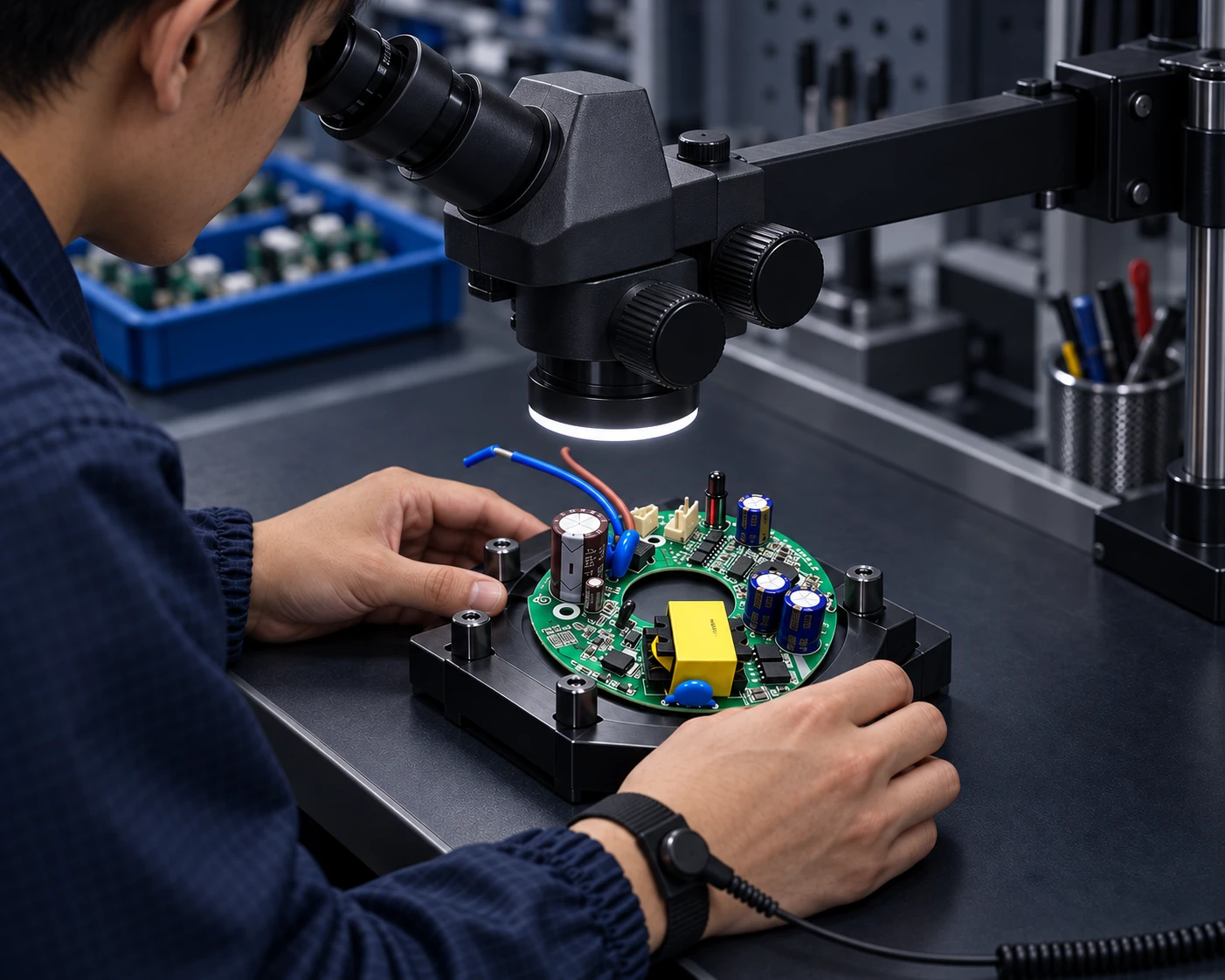 Illustrative quality inspector examining a round controller PCB through a binocular microscope