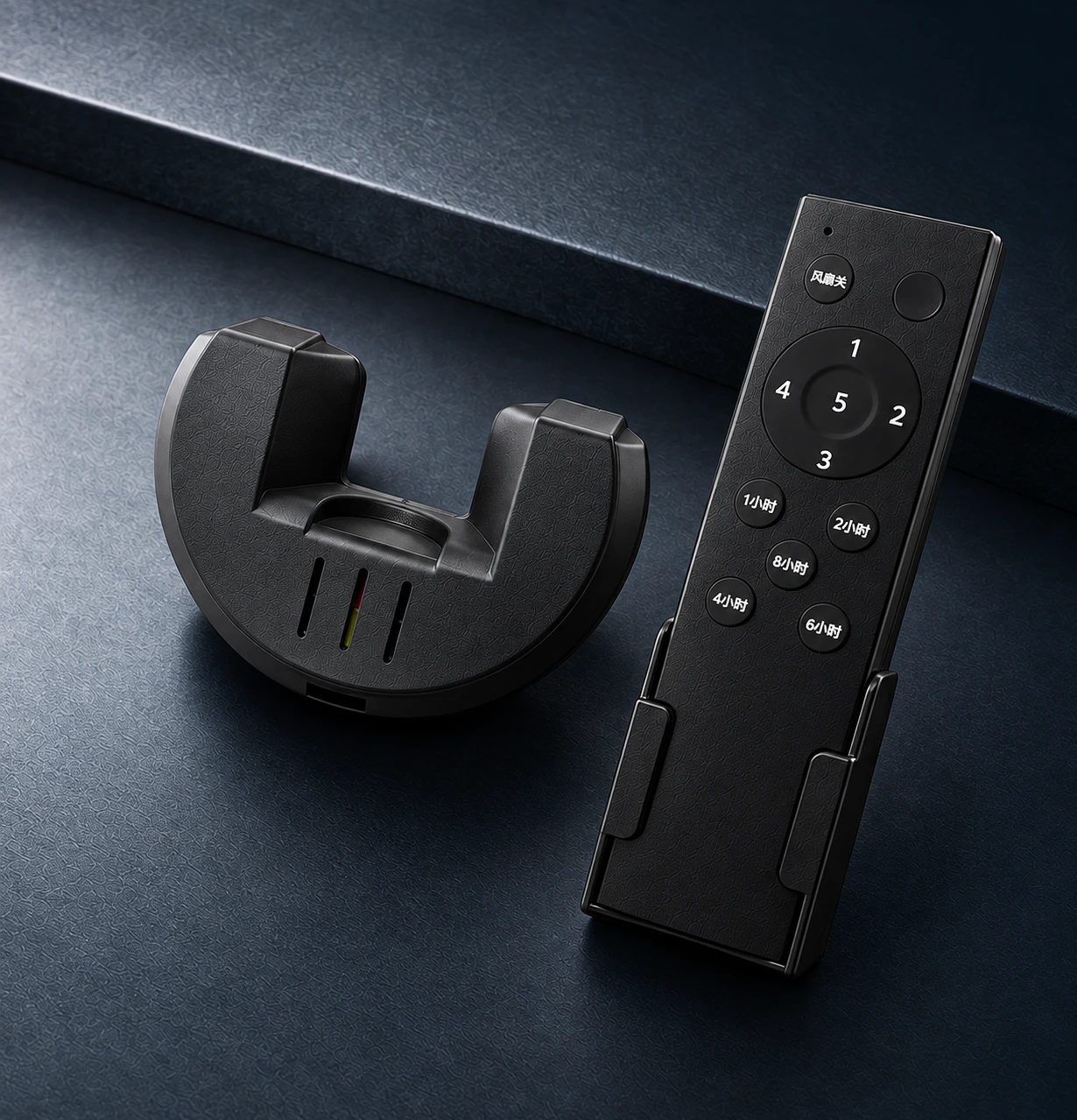AC ceiling fan receiver and remote control on a graphite surface