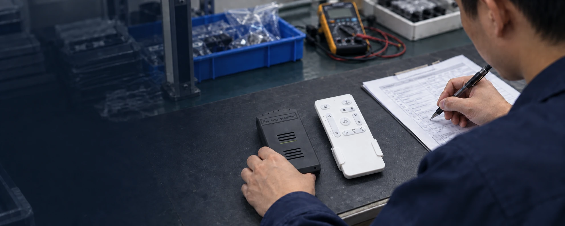 Illustrative technician reviewing a DC02 white remote and black receiver at a quality workbench