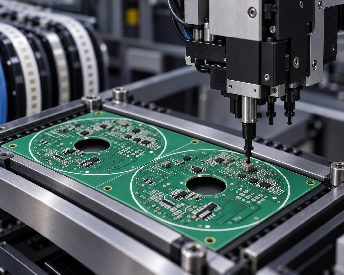 Illustrative SMT placement machine with neutral metal and black components above a PCB