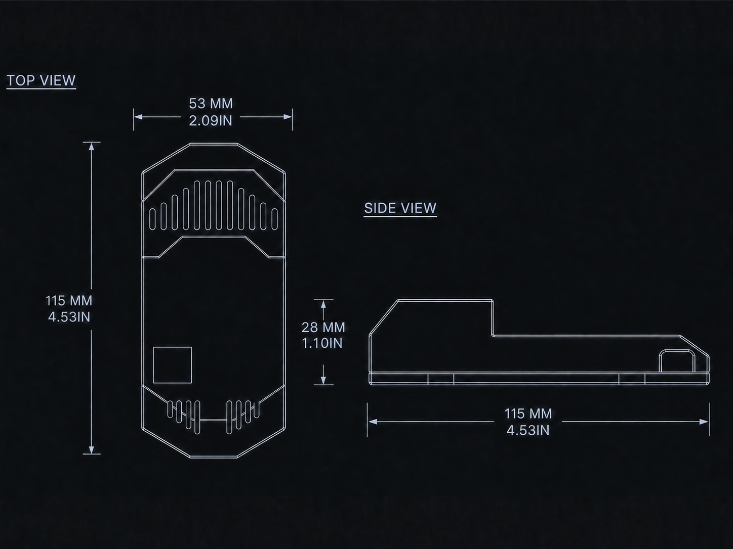 Receiver top and side views: 115 mm length, 53 mm width and 28 mm height